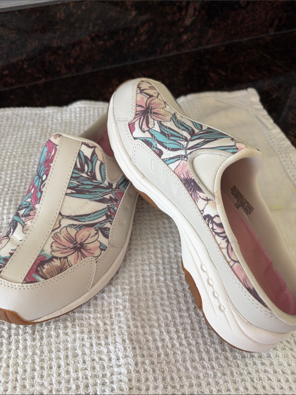 Easy Spirit Floral Slip-On Sneakers in Cream and Pink